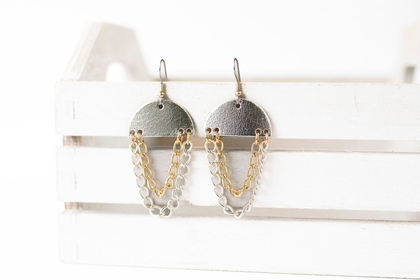 Leather Earrings / Chain Drop / Metallic Silver