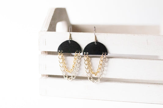 Leather Earrings / Chain Drop / Metallic Black