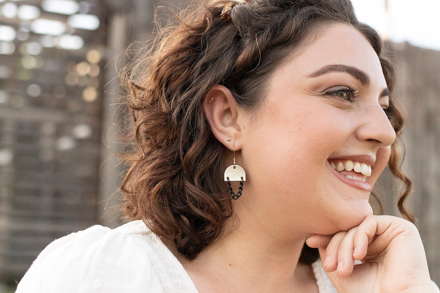 Leather Earrings / Black Mini Chain Drop / Painted Waters Cork