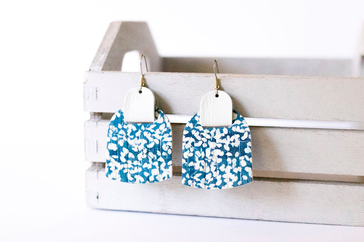 Leather Earrings / Fringies / White Petals Cork & White