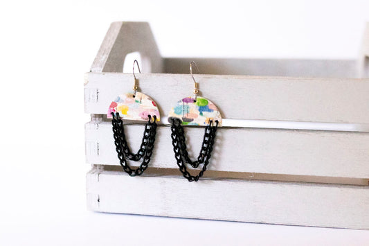 Leather Earrings / Black Chain Drop / Painted Waters Cork