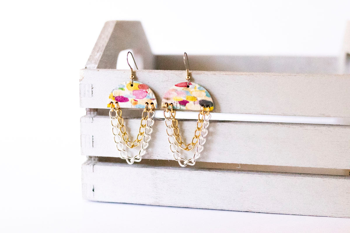 Leather Earrings / Chain Drop / Painted Waters Cork