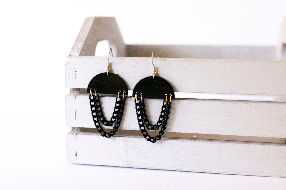 Leather Earrings / Black Chain Drop / Metallic Black