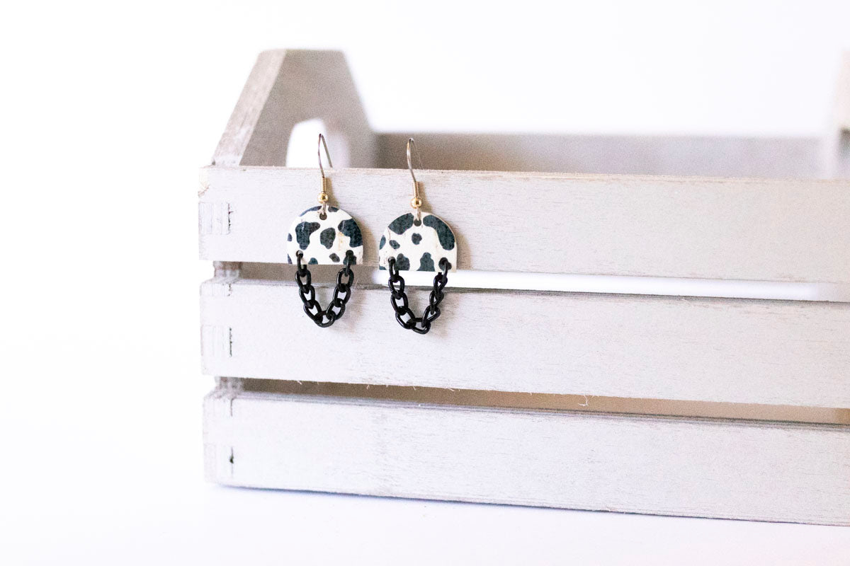 Leather Earrings / Black Mini Chain Drop / Cowbell Cork