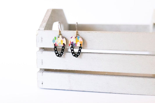 Leather Earrings / Black Mini Chain Drop / Painted Waters Cork