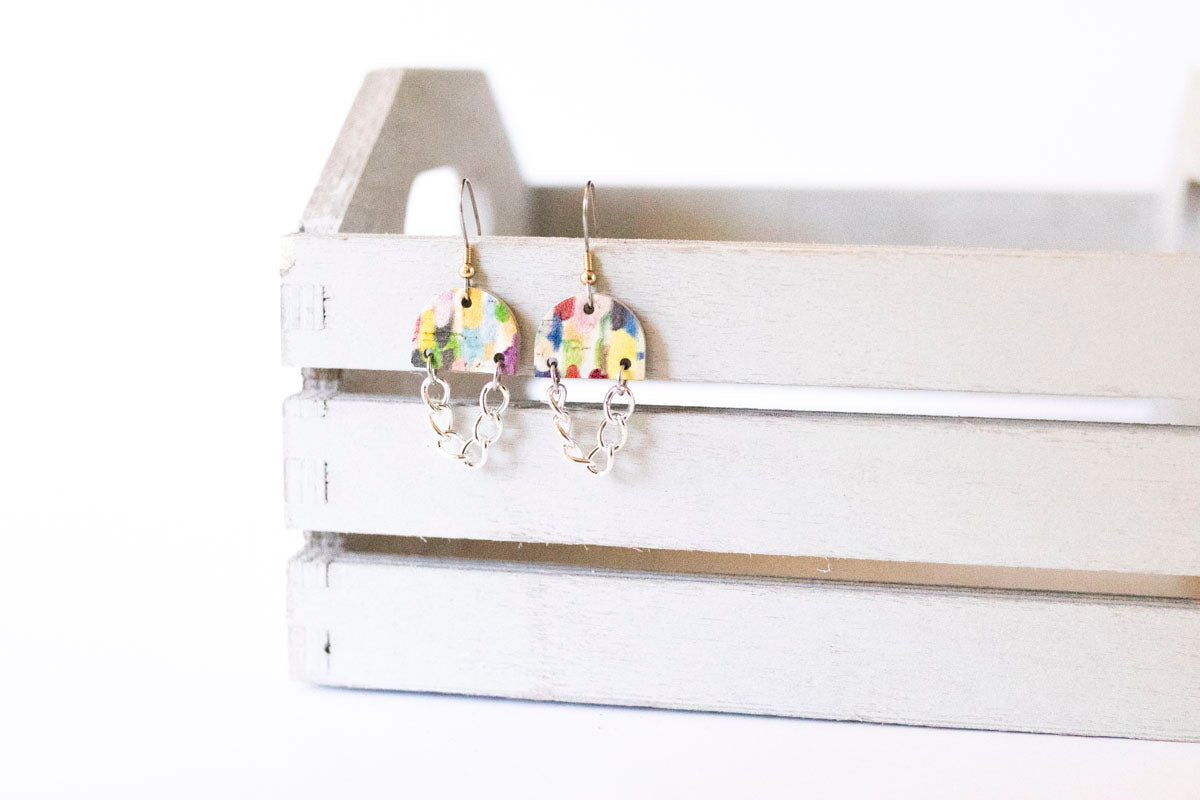 Leather Earrings / Mini Chain Drop / Painted Waters Cork