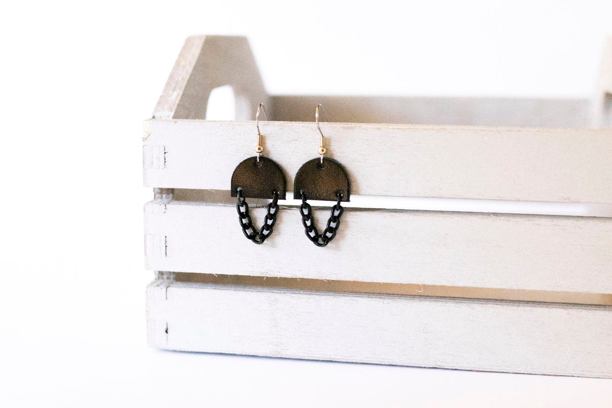 Leather Earrings / Black Mini Chain Drop / Metallic Black