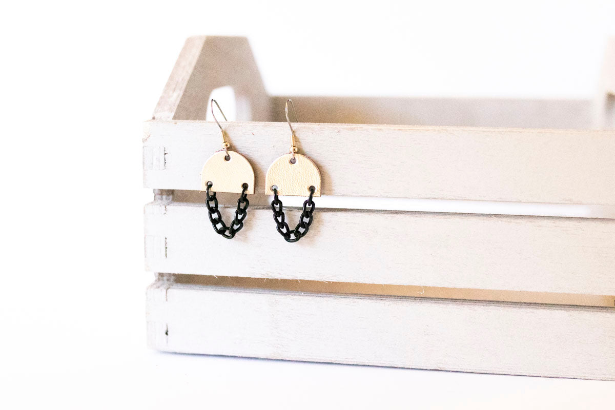 Leather Earrings / Black Mini Chain Drop / Metallic Platinum