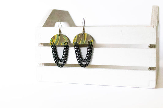Leather Earrings / Black Chain Drop / Jungle Floor
