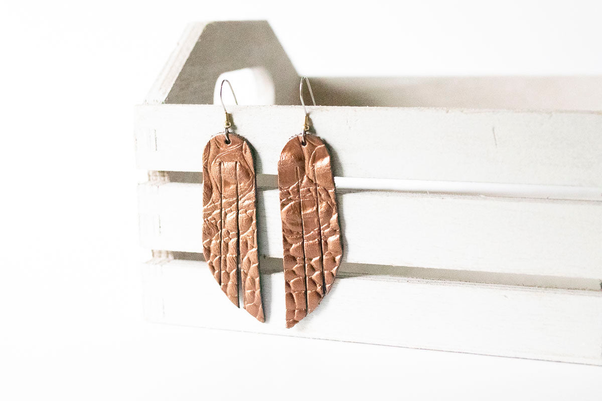 Leather Earrings / Fringe / Cinnamon Copper Croc