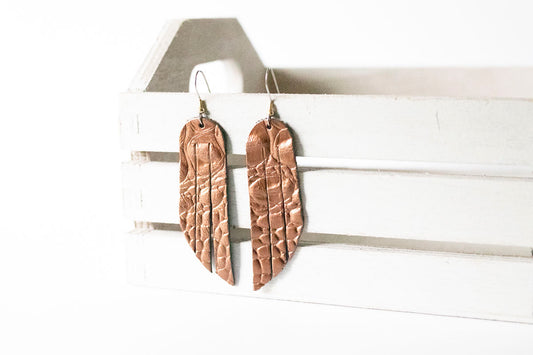 Leather Earrings / Fringe / Cinnamon Copper Croc
