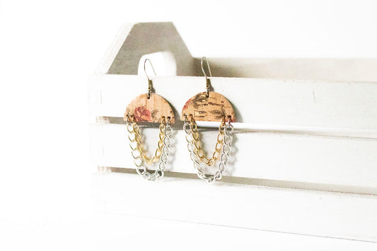Leather Earrings / Chain Drop / Vintage Roses Cork