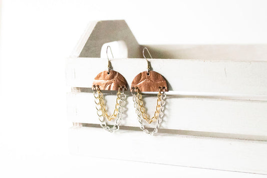Leather Earrings / Chain Drop / Cinnamon Copper Croc