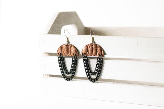 Leather Earrings / Black Chain Drop / Cinnamon Copper Croc