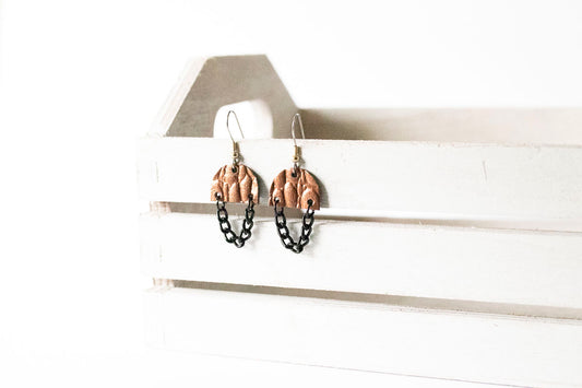 Leather Earrings / Black Mini Chain Drop / Cinnamon Copper Croc