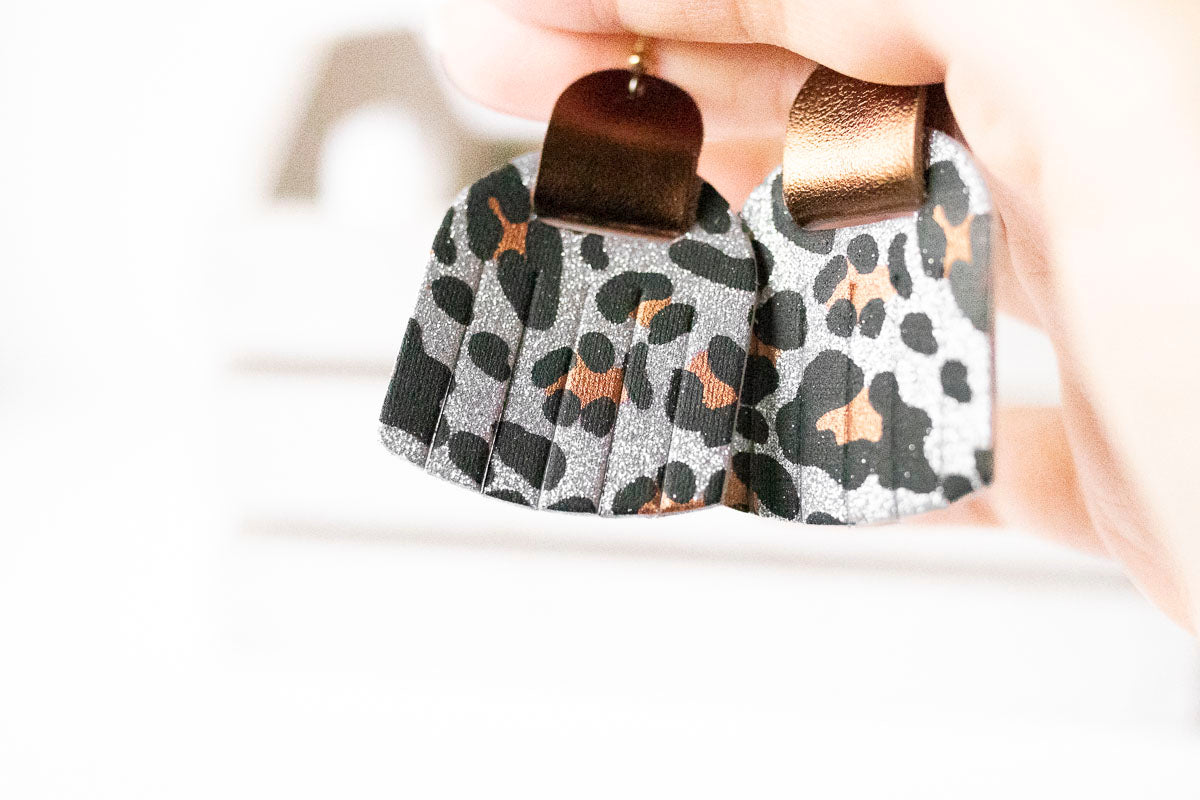 Leather Earrings / Fringies / Sparkle Leopard Silver & Metallic Bronze