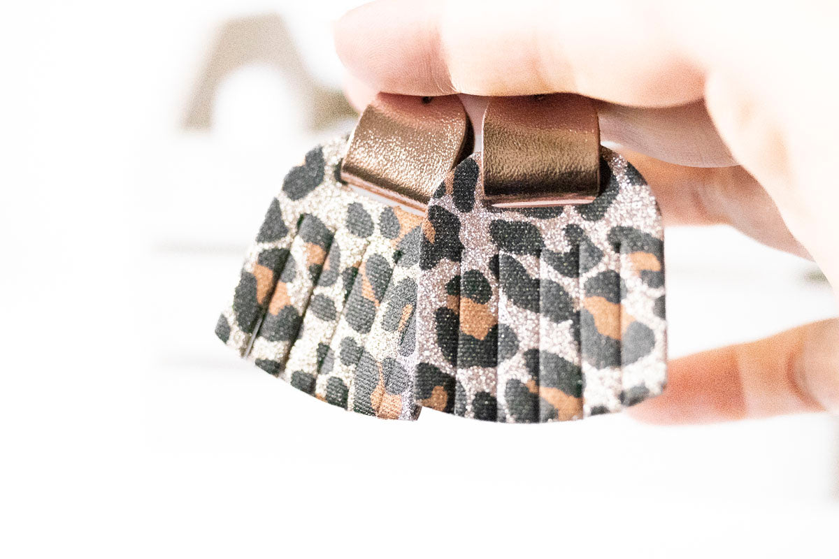 Leather Earrings / Fringies / Sparkle Leopard Gold & Metallic Rosegold
