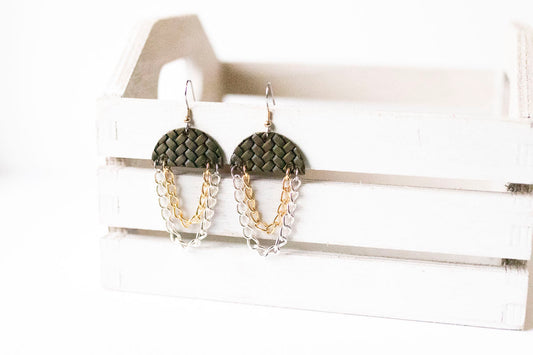Leather Earrings / Chain Drop / Woven Evergreen