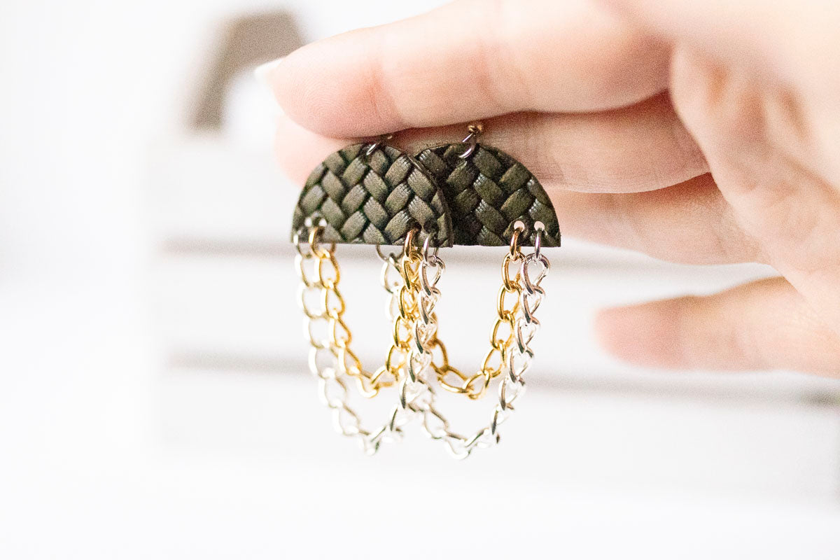 Leather Earrings / Chain Drop / Woven Evergreen