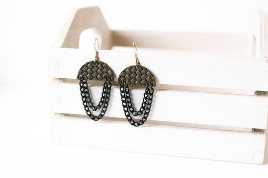 Leather Earrings / Black Chain Drop / Woven Evergreen