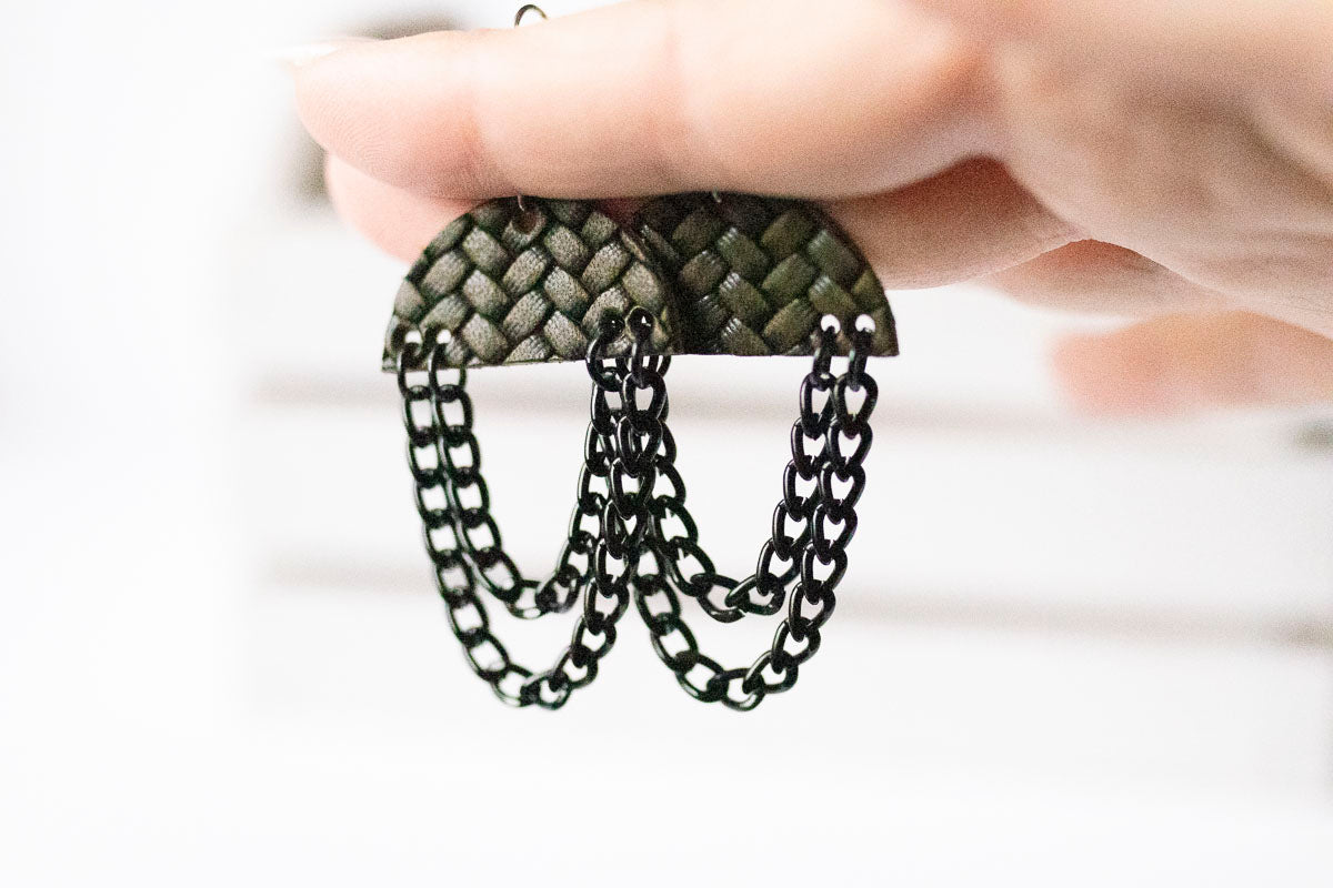 Leather Earrings / Black Chain Drop / Woven Evergreen