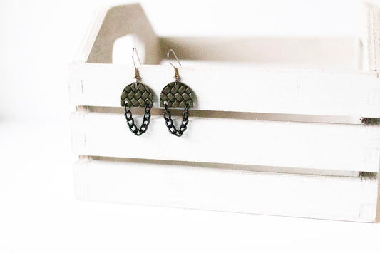 Leather Earrings / Black Mini Chain Drop / Woven Evergreen