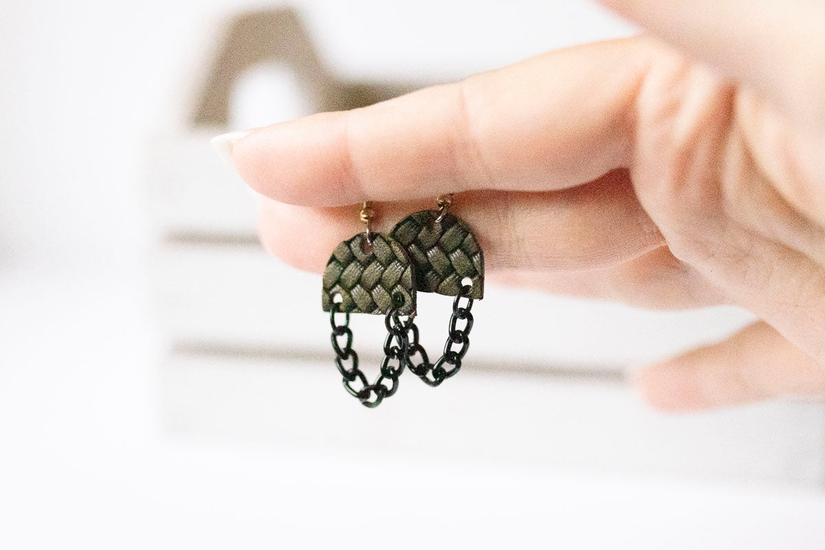 Leather Earrings / Black Mini Chain Drop / Woven Evergreen