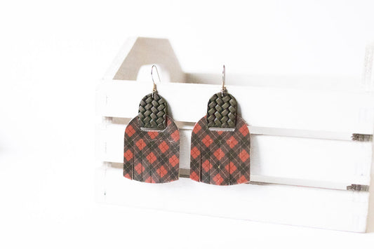 Leather Earrings / Fringies / Tartan & Woven Evergreen
