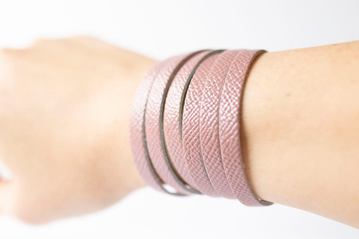 Leather Bracelet / Skinny Sliced Wrap Cuff / Desert Rose