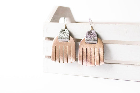 Leather Earrings / Fringies / Metallic Rosegold & Soft Graphite