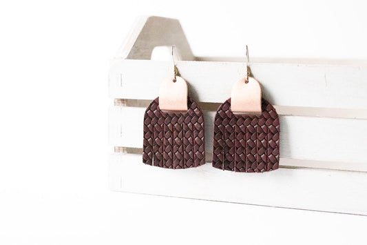 Leather Earrings / Fringies / Woven Cabernet & Frosted Copper