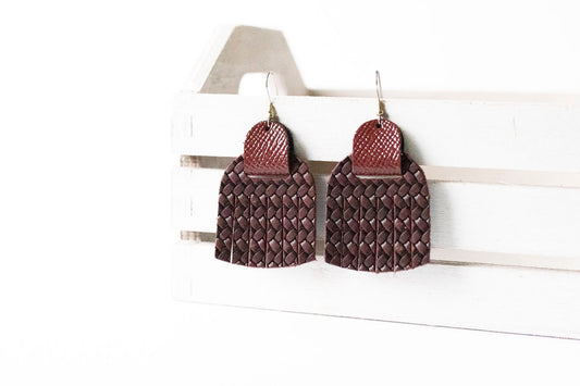 Leather Earrings / Fringies / Woven Cabernet & Cherry Sage