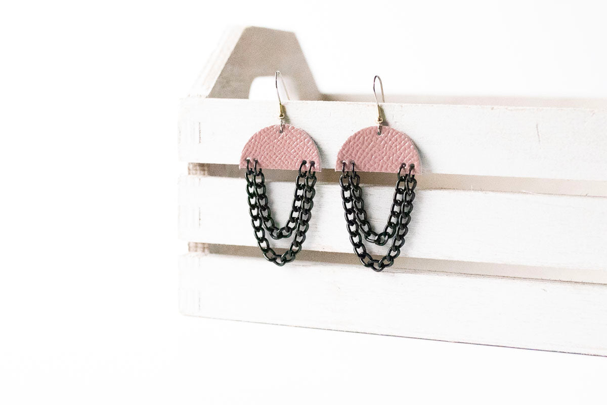 Leather Earrings / Black Chain Drop / Desert Rose