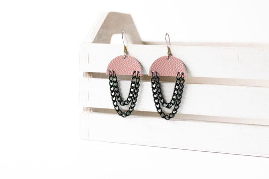 Leather Earrings / Black Chain Drop / Desert Rose