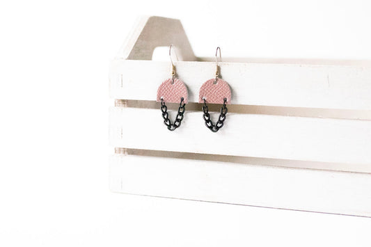 Leather Earrings / Black Mini Chain Drop / Desert Rose