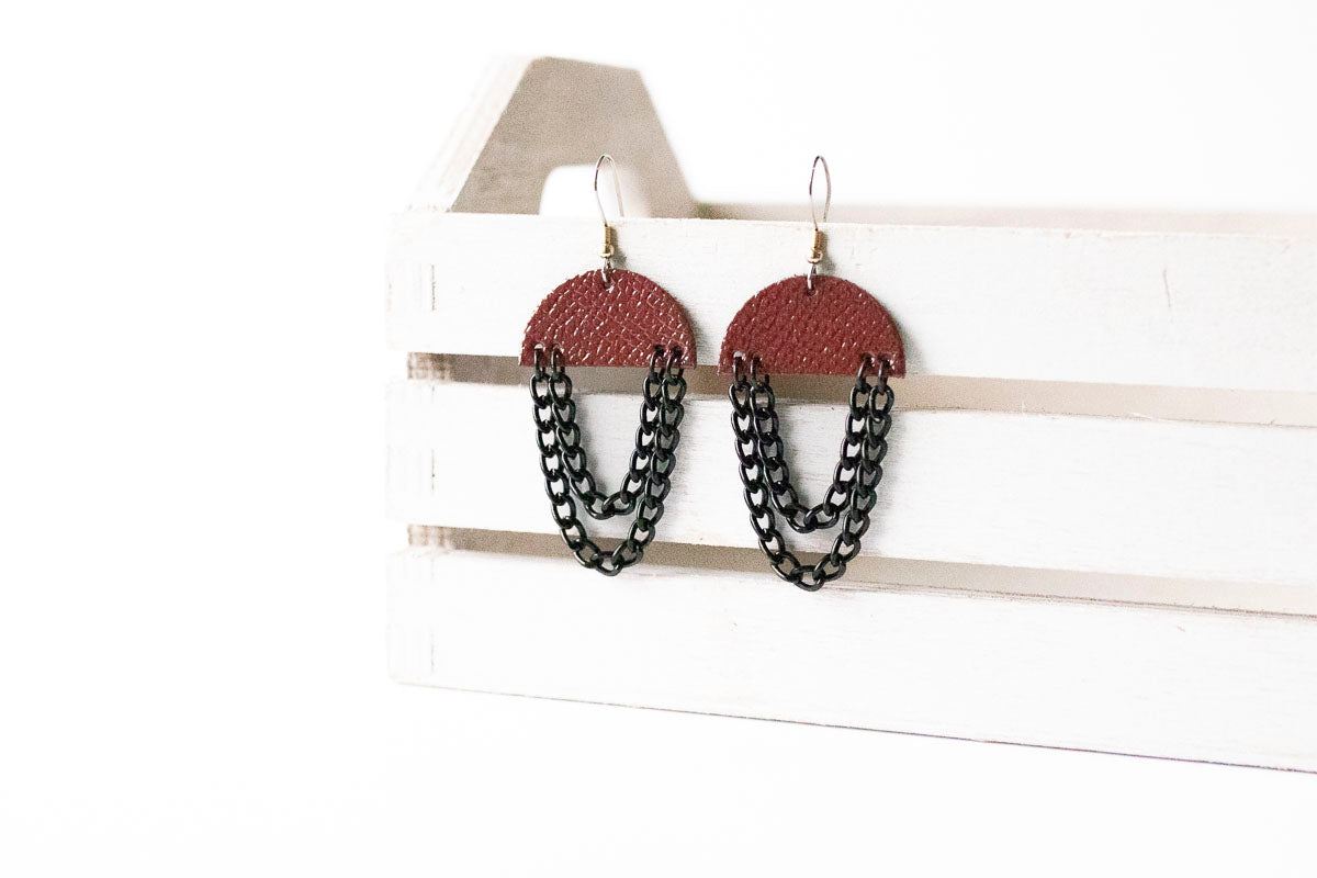 Leather Earrings / Black Chain Drop / Cherry Sage