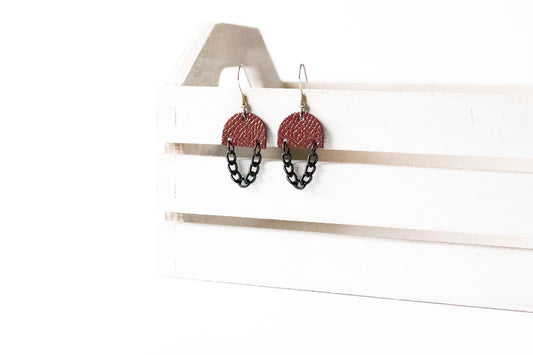 Leather Earrings / Black Mini Chain Drop / Cherry Sage