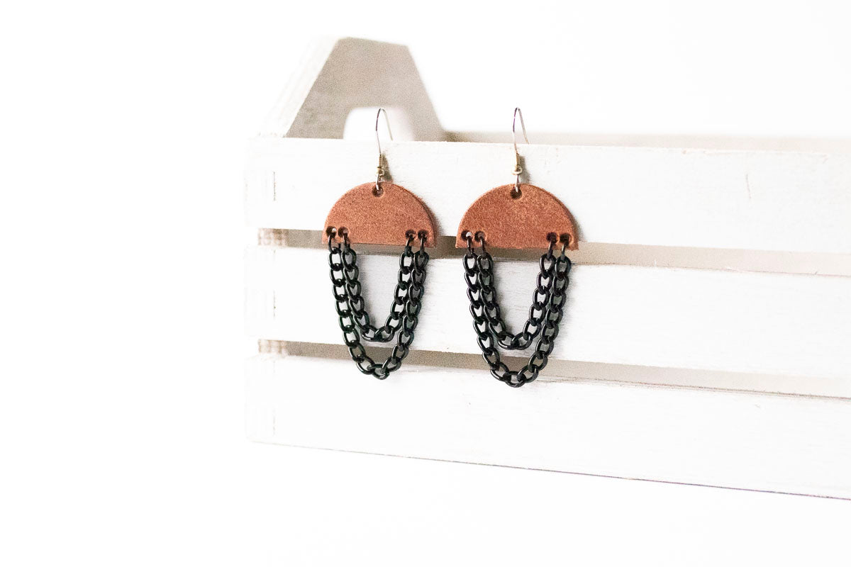 Leather Earrings / Black Chain Drop / Clay