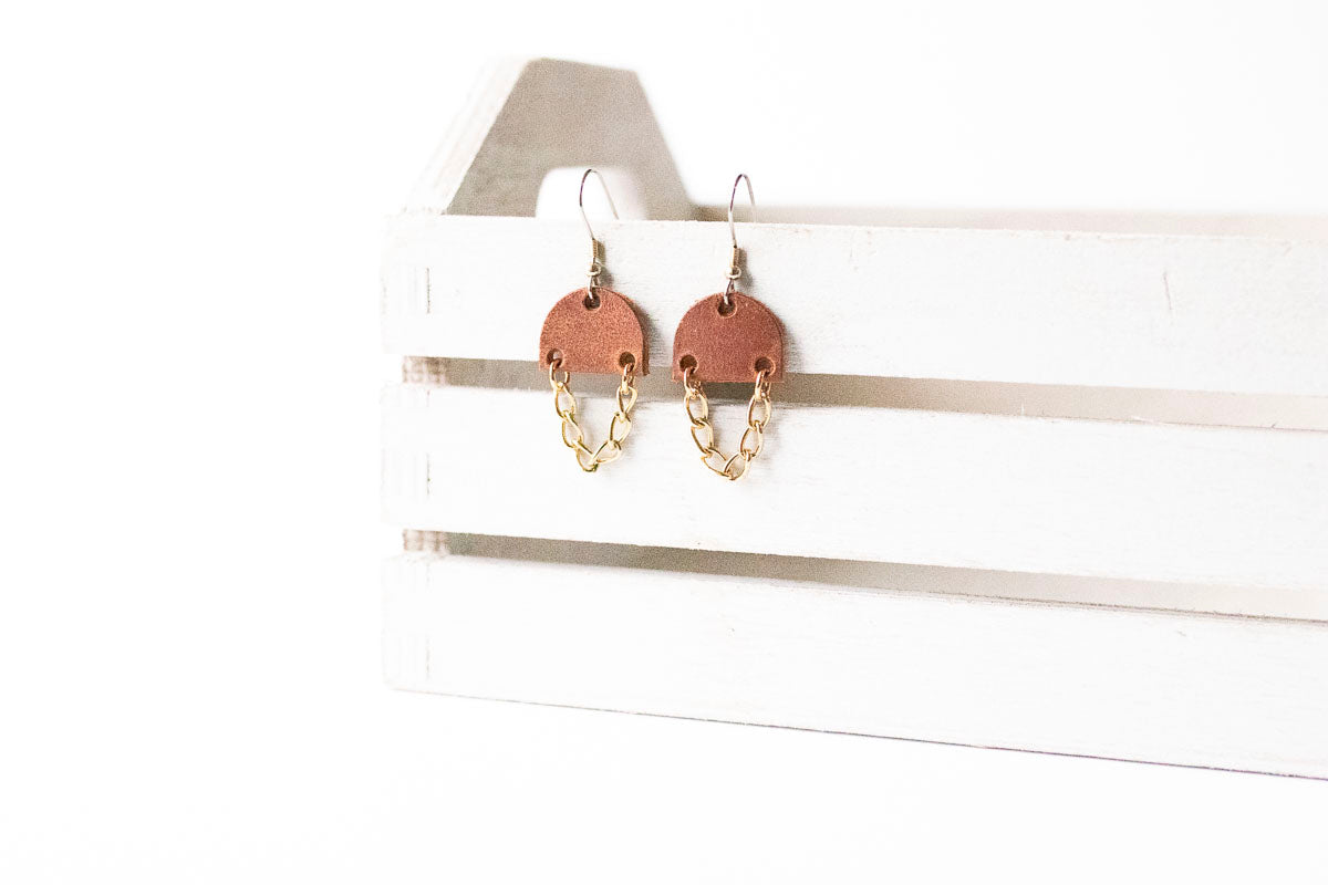 Leather Earrings / Mini Chain Drop / Clay