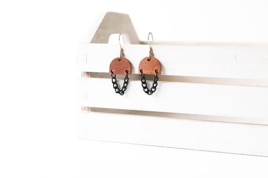 Leather Earrings / Black Mini Chain Drop / Clay