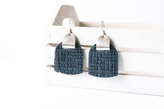 Leather Earrings / Fringies / Dark Navy Woven & Metallic Silver