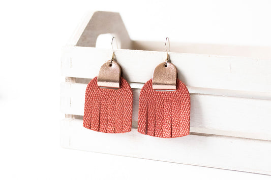 Leather Earrings / Fringies / Fire Opal Shimmer & Metallic Rosegold