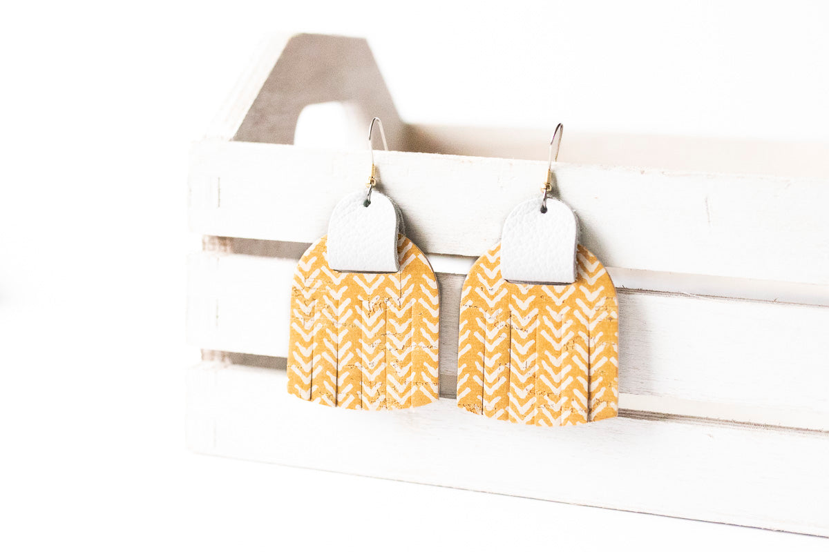Leather Earrings / Fringies / Apricot Cork & White