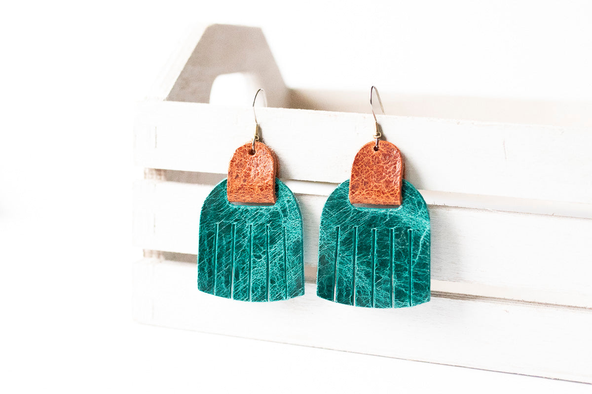 Leather Earrings / Fringies / Vintage Teal & Vintage Brown