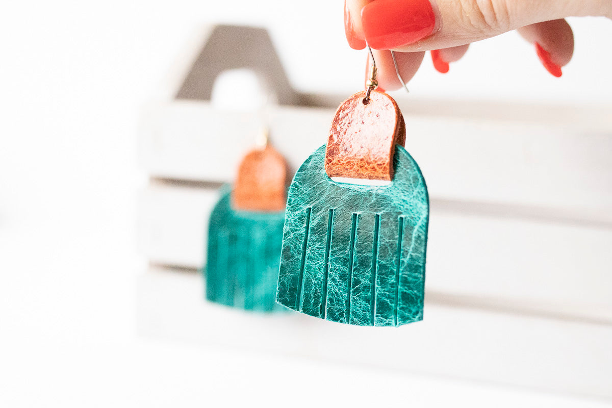 Leather Earrings / Fringies / Vintage Teal & Vintage Brown