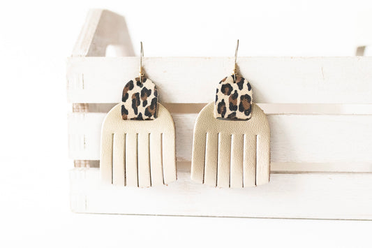 Leather Earrings / Fringies / Metallic Platinum & Velvet Leopard