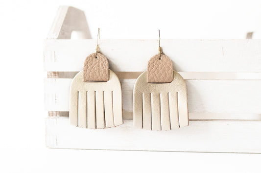 Leather Earrings / Fringies / Metallic Platinum & Latte