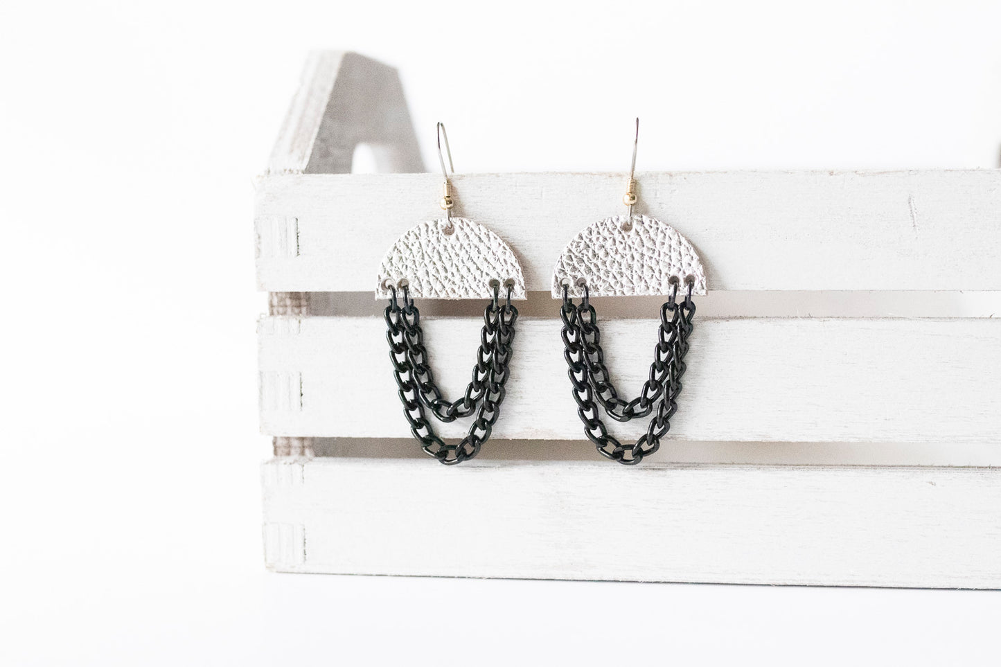 Leather Earrings / Black Chain Drop / Chrome Spurs