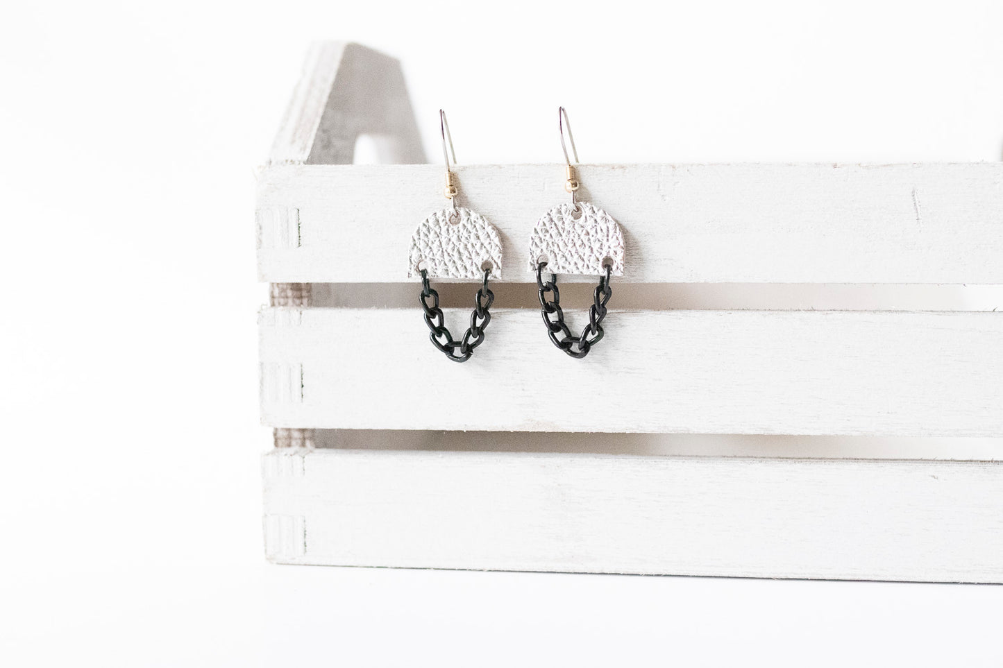Leather Earrings / Black Mini Chain Drop / Chrome Spurs