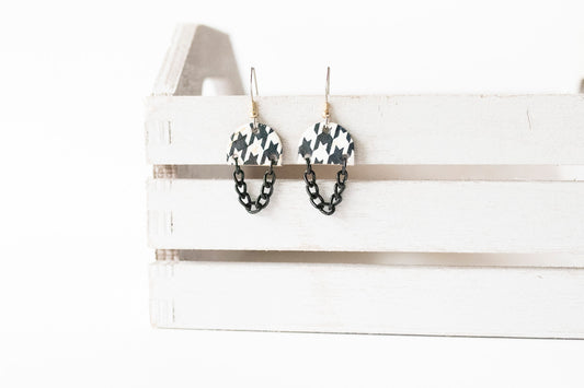 Leather Earrings / Black Mini Chain Drop / Houndstooth Cork